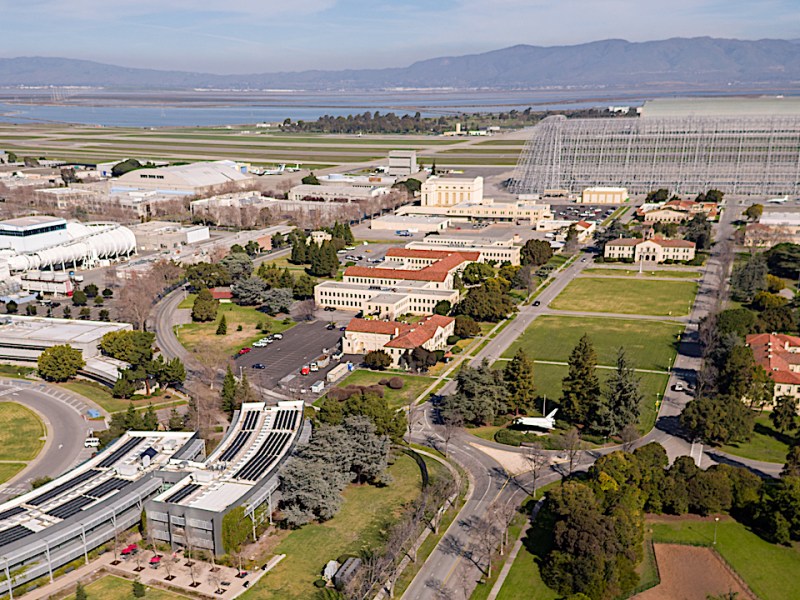 Aerial view of NASA’s Ames Research Center, NASA Research Park, and Moffett Field in California’s Silicon Valley. NASA