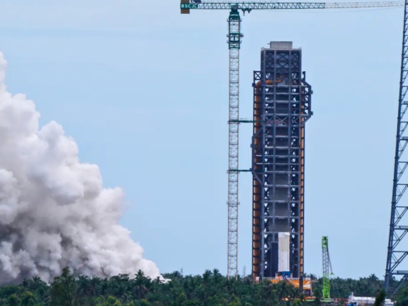 Exhaust billows from a tethered static fire test of a Long March 10 first-stage test article at the LC-301 launch pad, Wenchang Space Launch Site, Hainan Island, China, Aug. 15, 2025.