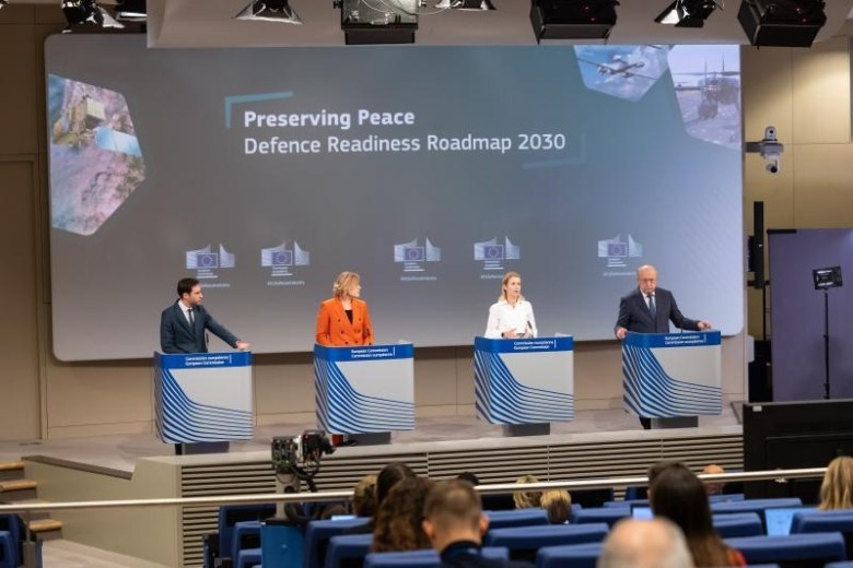 Andrius Kubilius, Commissioner for Defence and Space (far right) presents a roadmap for European military readiness titled "Preserving Peace - Defence Readiness Roadmap 2030" during an Oct. 16 European Commission meeting. Credit: European Union