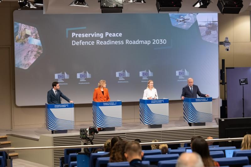 Andrius Kubilius, Commissioner for Defence and Space (far right) presents a roadmap for European military readiness titled "Preserving Peace - Defence Readiness Roadmap 2030" during an Oct. 16 European Commission meeting. Credit: European Union