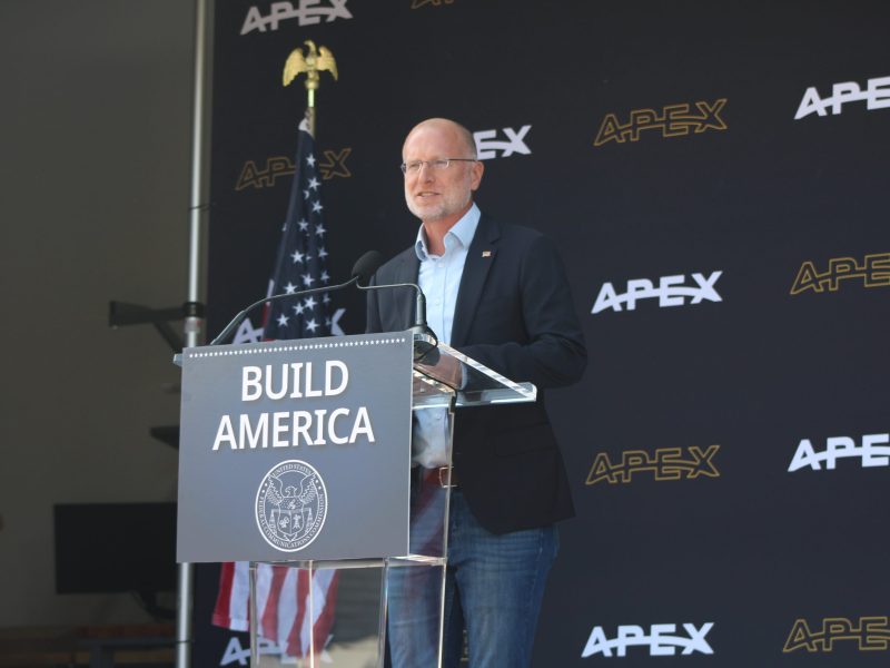 Federal Communications Commissions Chairman Brendan Carr announced that the FCC would pursue a new streamlined approach to licensing Oct.6 at the ribbon-cutting ceremony for Apex Space's new Factory One in Los Angeles. Credit: SpaceNews/Dan Robitzski
