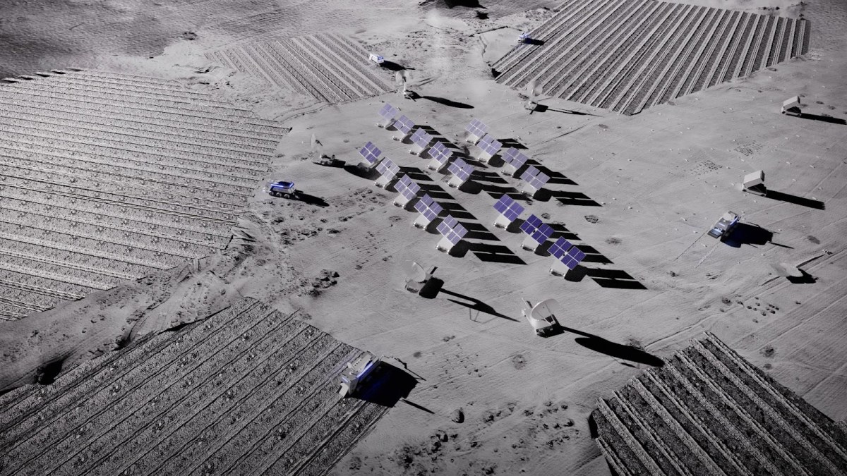 Artwork depicting lunar mining operations for Helium-3 involving harvesters, a solar power plant, rovers and return launchers. Credit: Interlune