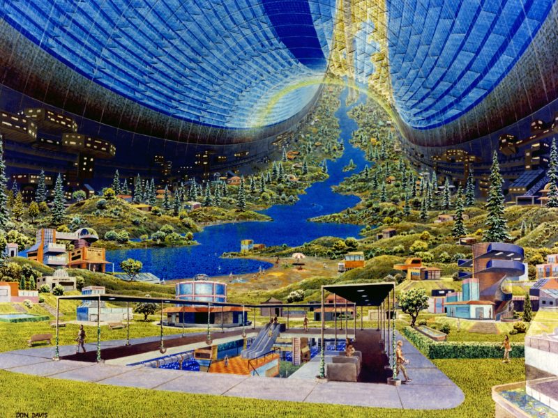 An illustration from the 1970s of a futuristic space colony. Credit: NASA Ames Research Center / Don Davis