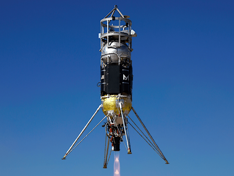 Astrobotic’s Xodiac rocket-powered lander taking off from test pad in Mojave, CA