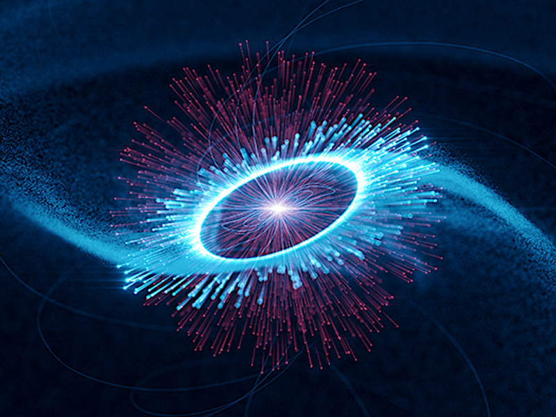 Artist's impression of the Vela pulsar, in the centre, and its magnetosphere, whose edge is marked by the bright circle. The blue tracks travelling outwards represent the paths of accelerated particles. These produce gamma radiation along the arms of a rotating spiral by colliding with infrared photons emitted in the magnetosphere (in red). © Science Communication Lab for DESY